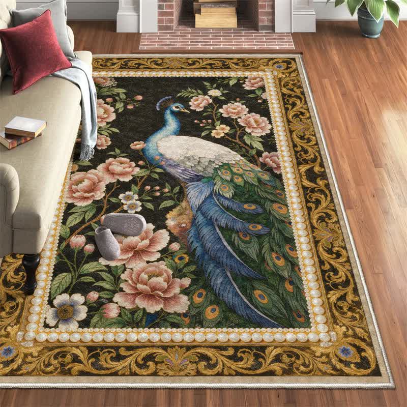Ownkoti Elegant Peacock Floral Non-slip Area Rug - Black & Yellow - 95" x 119" - image 0