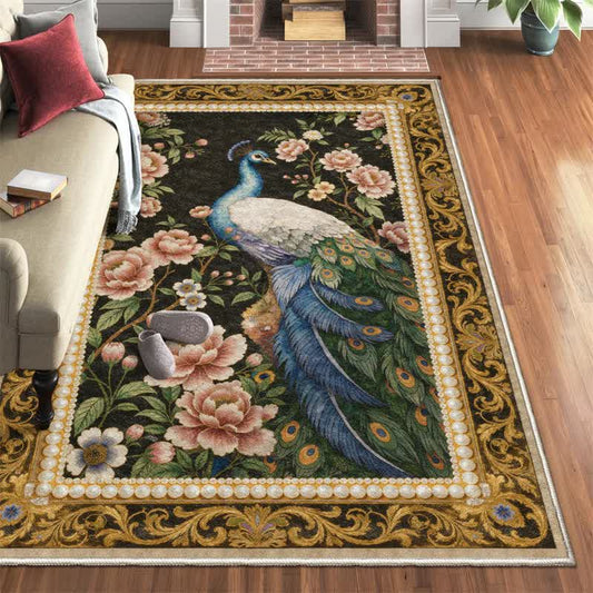 Ownkoti Elegant Peacock Floral Non-slip Area Rug - Black & Yellow - 95" x 119" - image 0