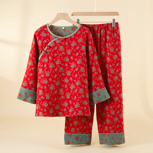 Ownkoti Oriental Vintage Rose Cotton Loungewear Set - Red - XXL - image 0