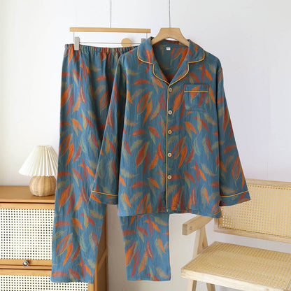 Ownkoti Vintage Feather Cotton Couple Pajama Set - Blue - Men - XL - image 1