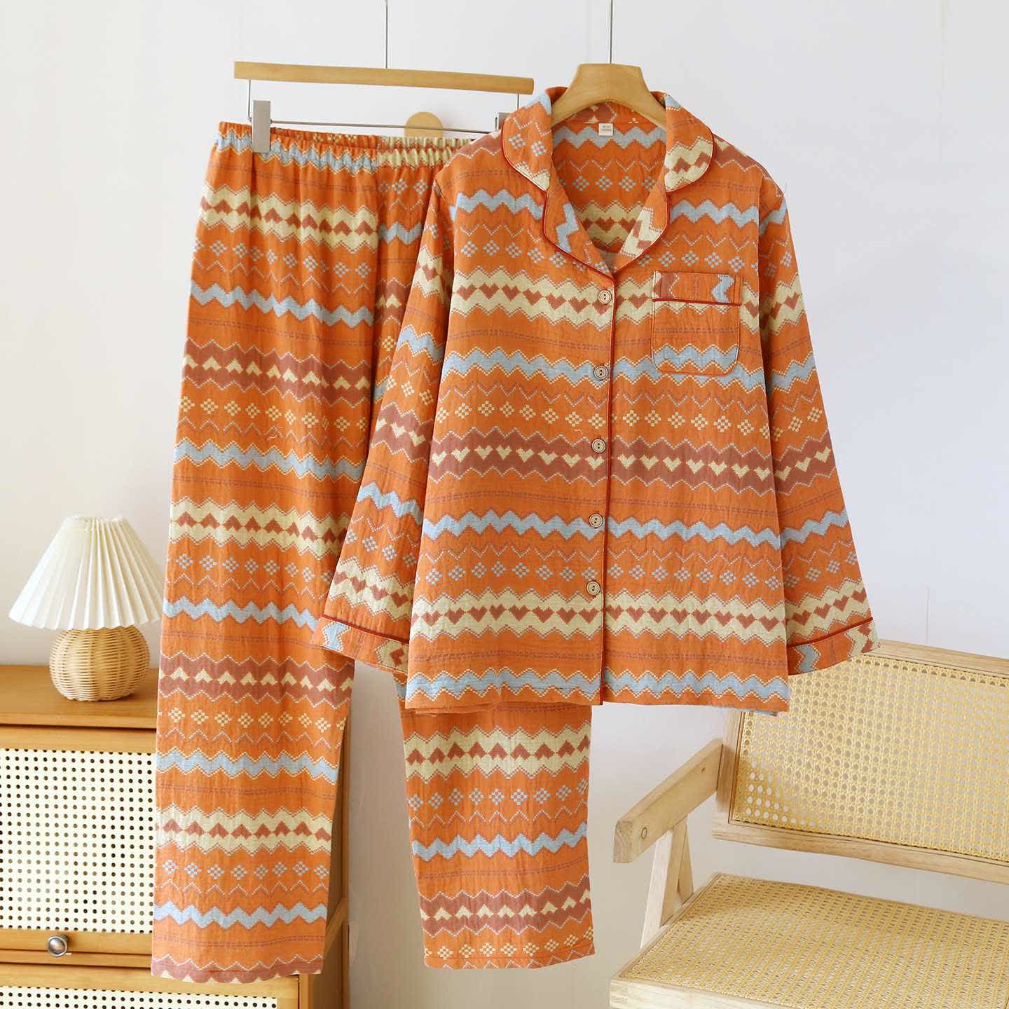 Ownkoti Vintage Wave Cotton Couple Loungewear Set - Women: Orange - XXL - image 2