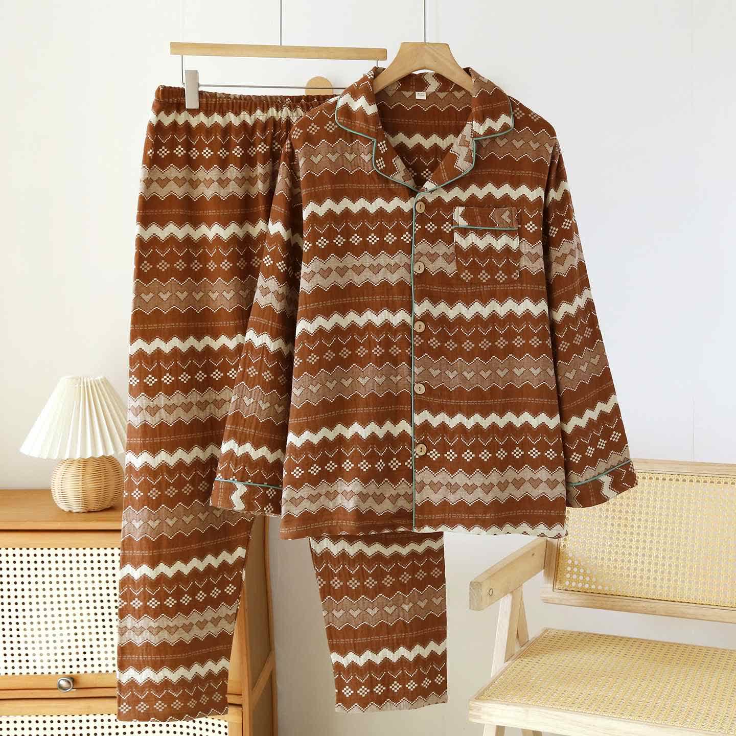 Ownkoti Vintage Wave Cotton Couple Loungewear Set - Men: Brown - XL - image 14