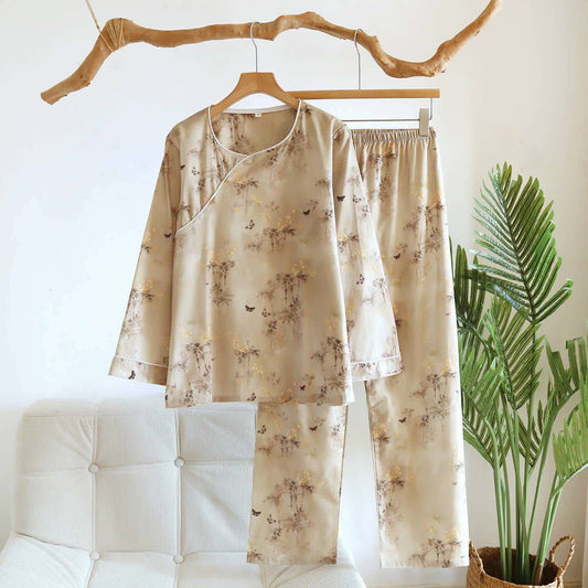 Ownkoti Oriental Bamboo Butterfly Cotton Loungewear Set - Light Coffee - XL - image 0