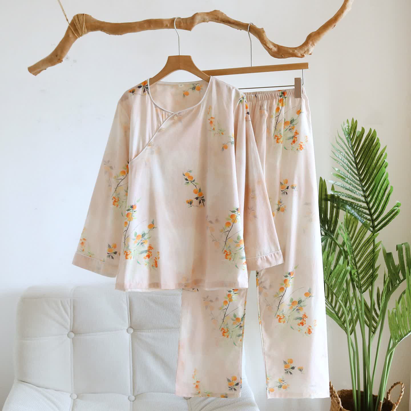 Ownkoti Oriental Yellow Berry Cotton Loungewear Set - Beige - XL - image 0