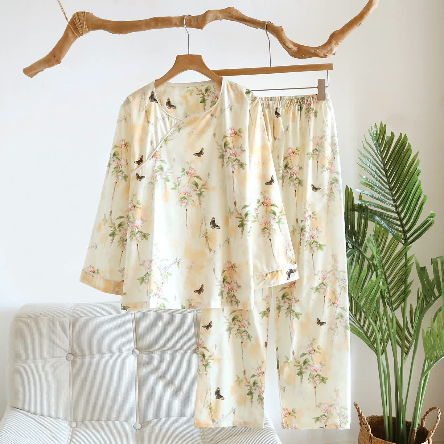 Ownkoti Oriental Floral Butterfly Cotton Pajama Set - Beige - XL - image 0
