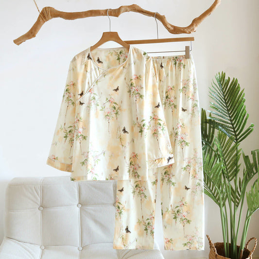 Ownkoti Oriental Floral Butterfly Cotton Pajama Set - Beige - XL - image 0