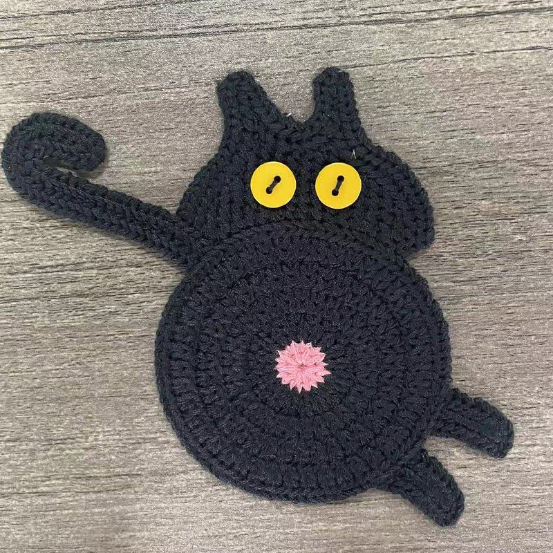 Ownkoti Cute Crochet Cat Butt Coaster - Black - 3PCS - image 6