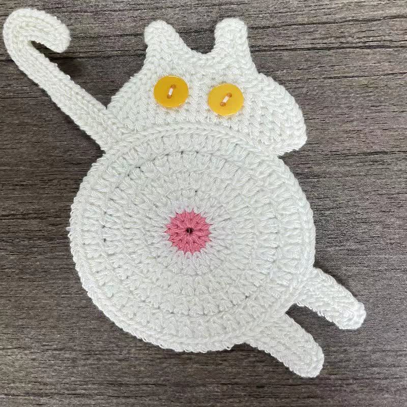 Ownkoti Cute Crochet Cat Butt Coaster - White - 3PCS - image 5