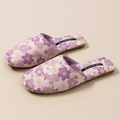 Ownkoti Oriental Peach Blossom Jacquard Plush Slippers - Purple - L - image 2