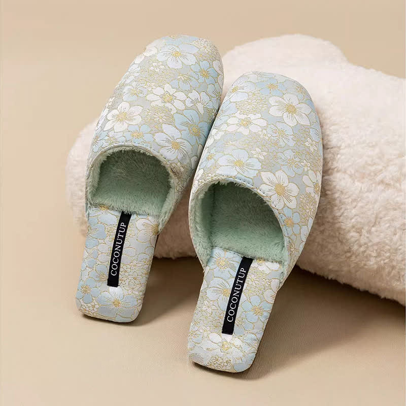 Ownkoti Oriental Peach Blossom Jacquard Plush Slippers - Green - L - image 10