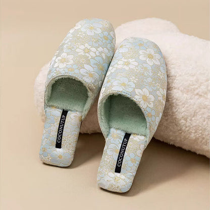 Ownkoti Oriental Peach Blossom Jacquard Plush Slippers - Green - L - image 10