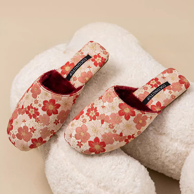 Ownkoti Oriental Peach Blossom Jacquard Plush Slippers - Red - L - image 4
