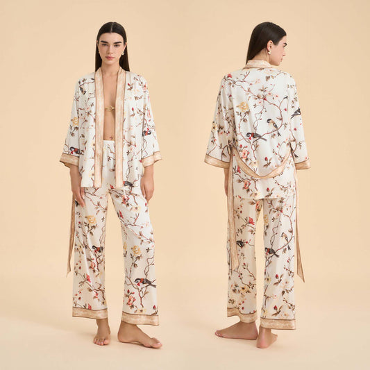 Ownkoti Vintage Floral Bird Kimono Loungewear Set - Beige - XL - image 0