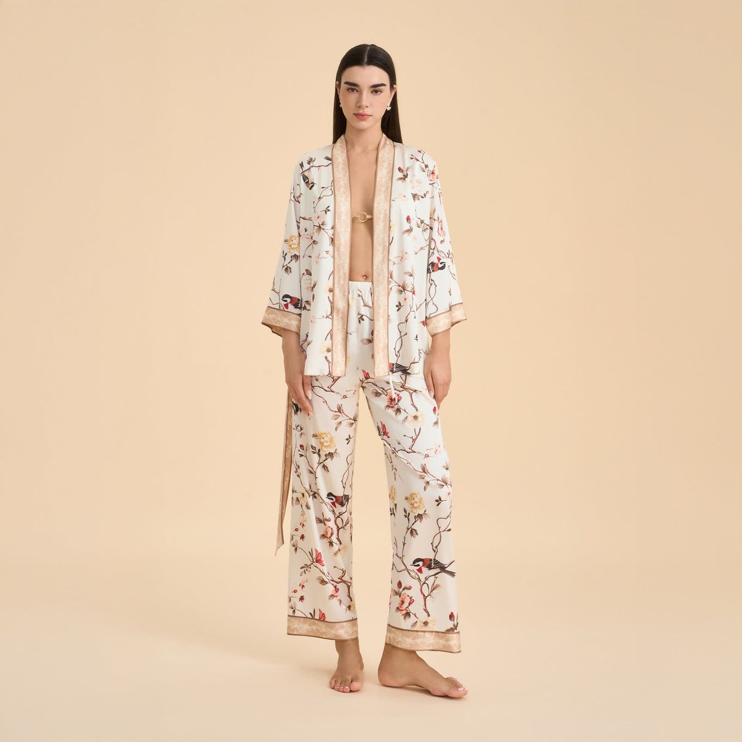 Ownkoti Vintage Floral Bird Kimono Loungewear Set - image 1