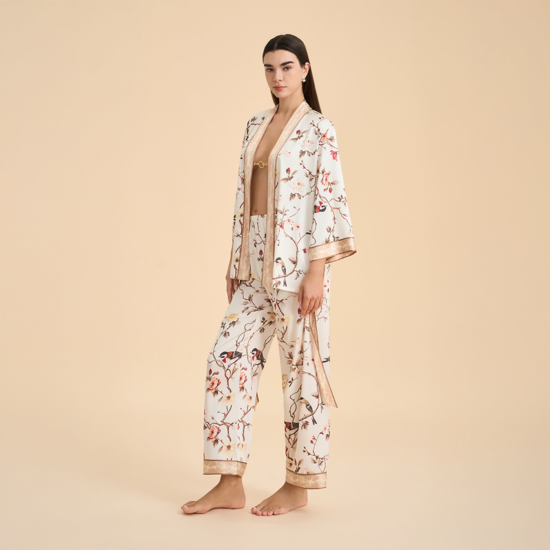 Ownkoti Vintage Floral Bird Kimono Loungewear Set - image 4