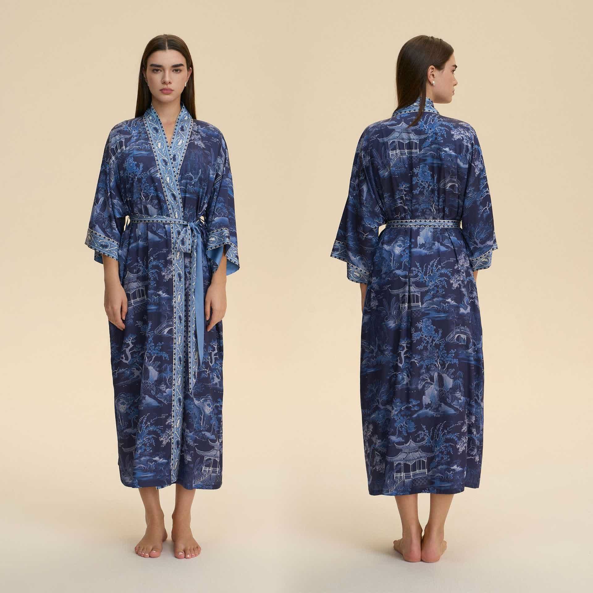 Ownkoti Oriental Landscape Kimono Style Bathrobe - Blue - One Size - image 0