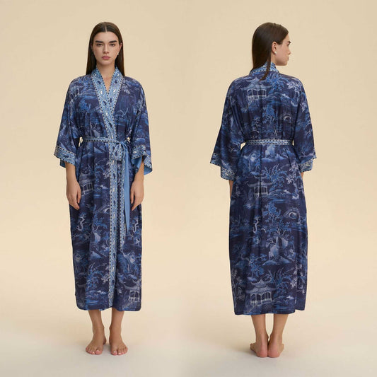 Ownkoti Oriental Landscape Kimono Style Bathrobe - Blue - One Size - image 0