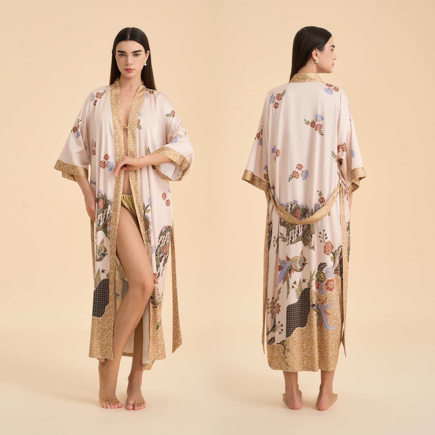 Ownkoti Oriental Floral Bird Kimono Style Bathrobe - Beige - One Size - image 0