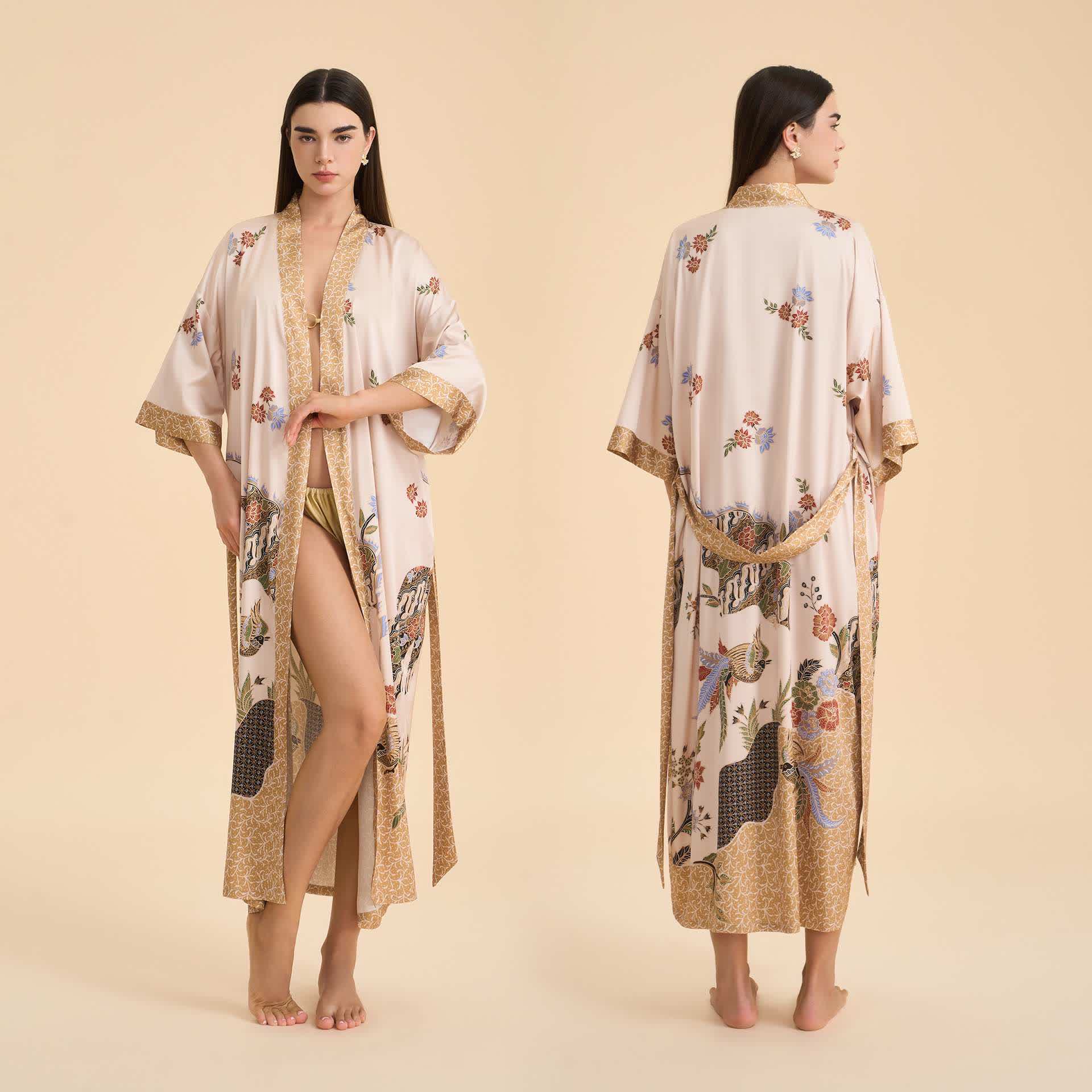 Ownkoti Oriental Floral Bird Kimono Style Bathrobe - Beige - One Size - image 0