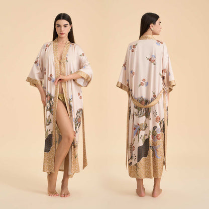 Ownkoti Oriental Floral Bird Kimono Style Bathrobe - Beige - One Size - image 0
