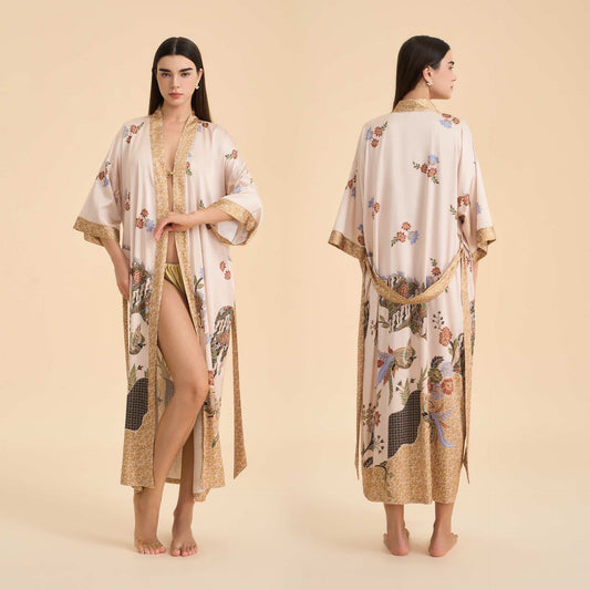Ownkoti Oriental Floral Bird Kimono Style Bathrobe - Beige - One Size - image 0