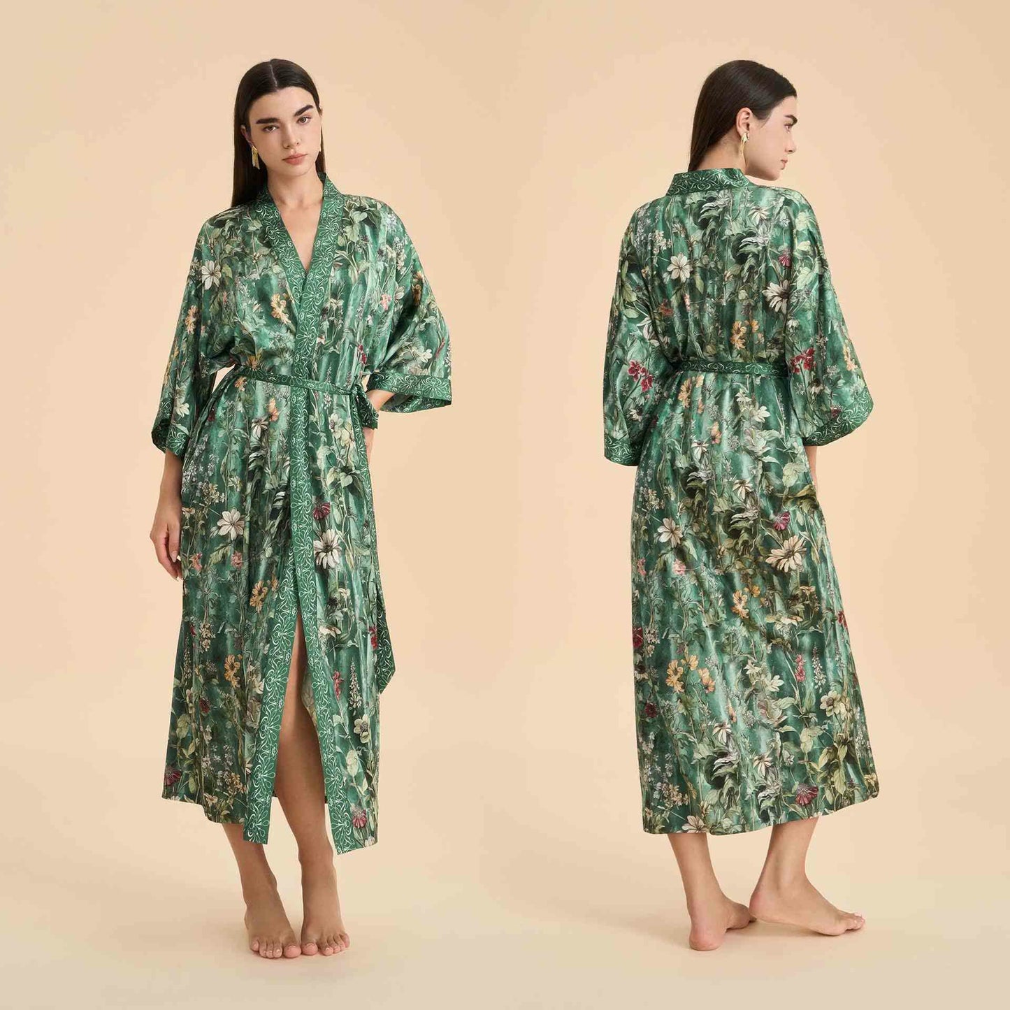 Ownkoti Green Botanical Floral Kimono Style Bathrobe - Green - One Size - image 0