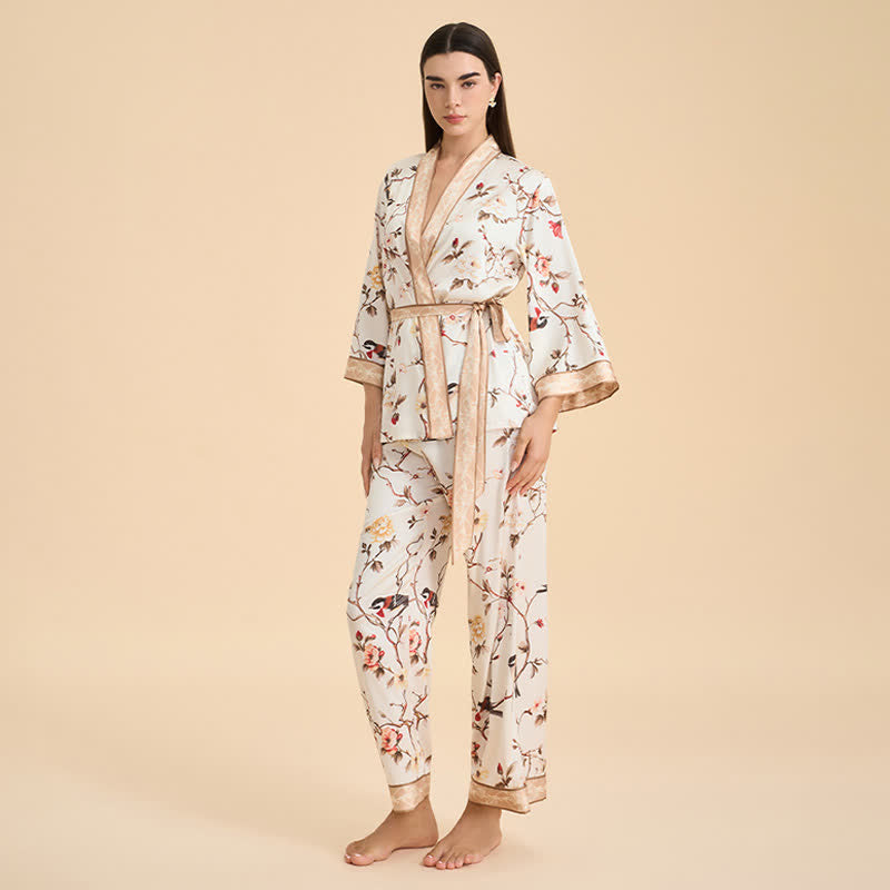 Ownkoti Vintage Floral Bird Kimono Loungewear Set - image 2