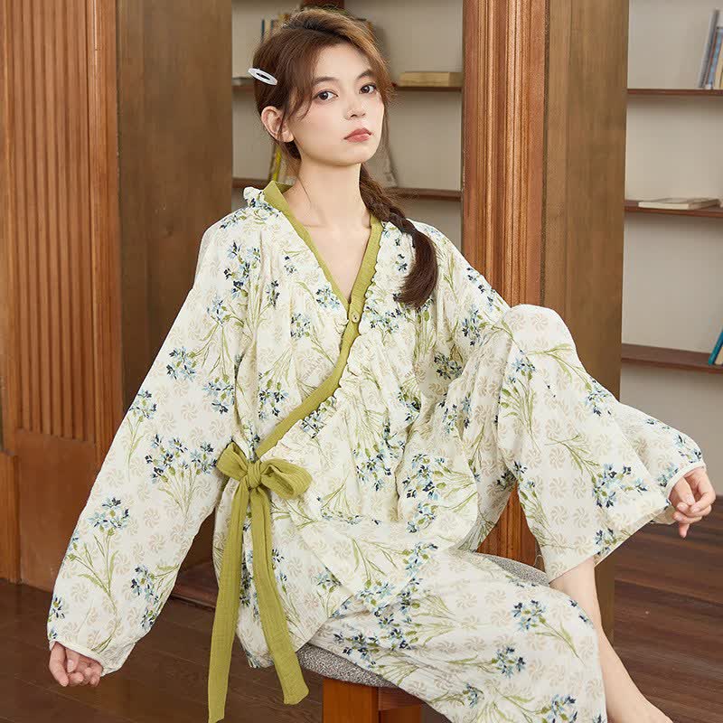 Ownkoti Ruffled Neck Fresh Floral Loungewear Set - Green - XXL - image 0