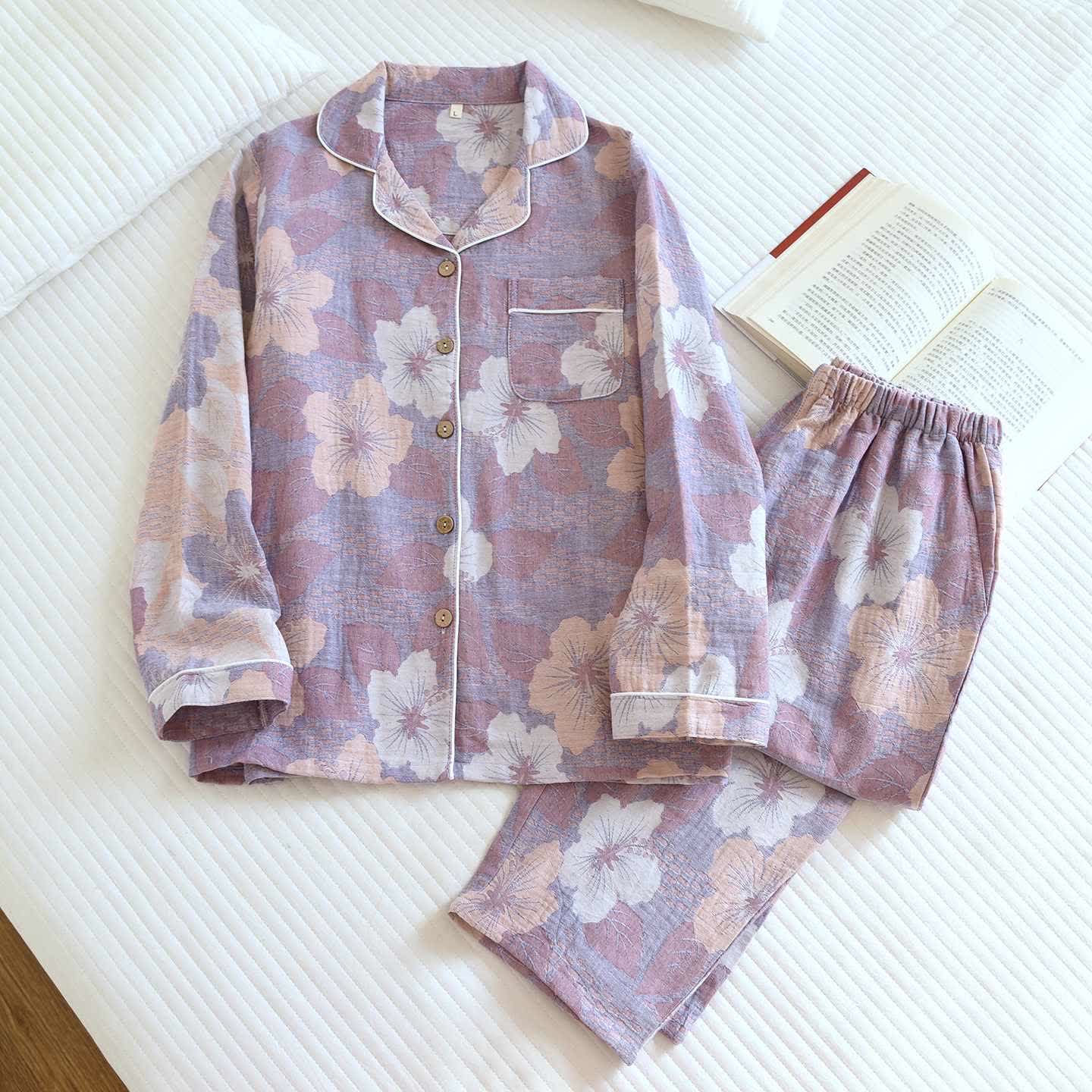 Ownkoti Cotton Cherry Blossom Jacquard Loungewear Set - Purple - XL - image 5