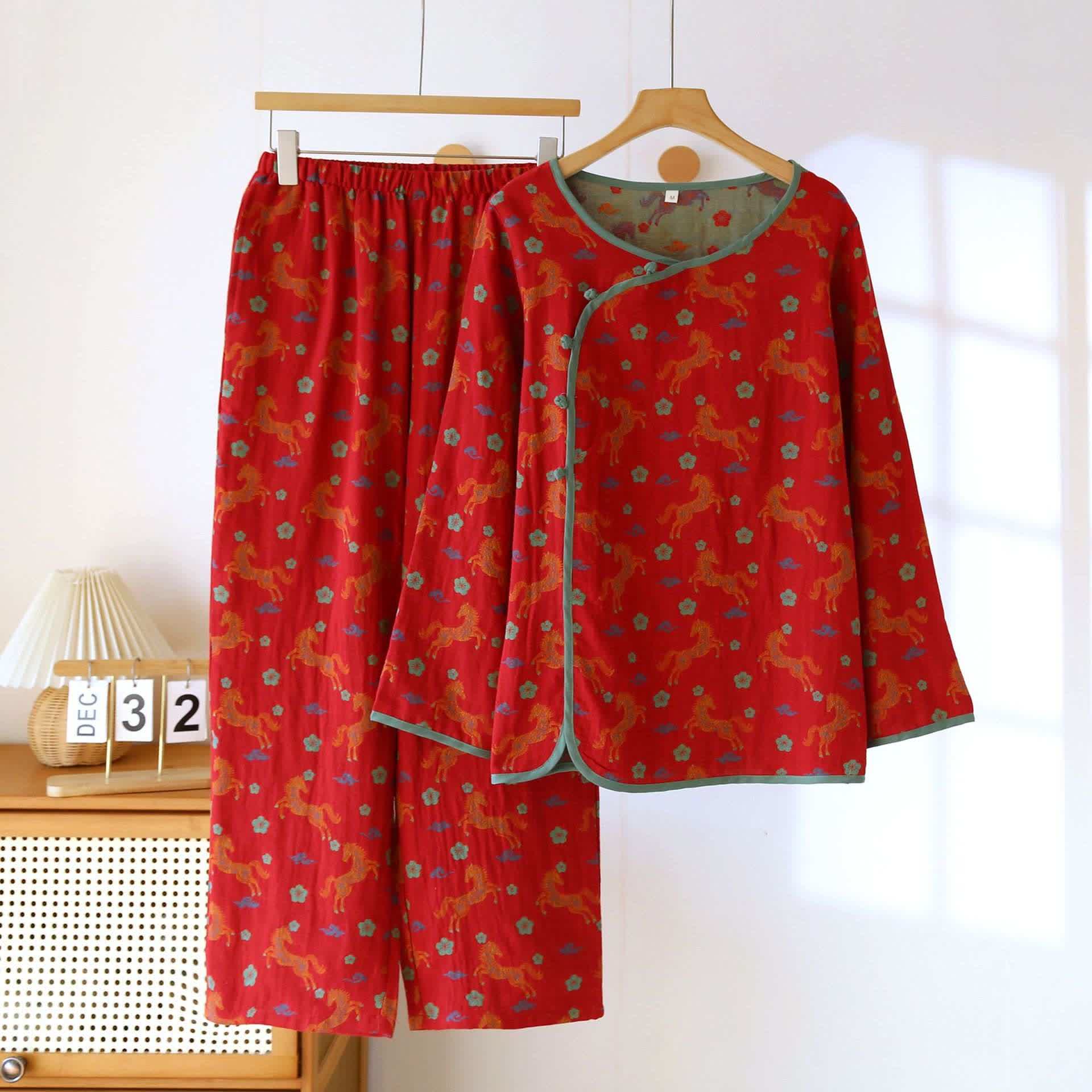 Ownkoti Horse Floral Cotton Gauze Loungewear Set - Red - XXL - image 0