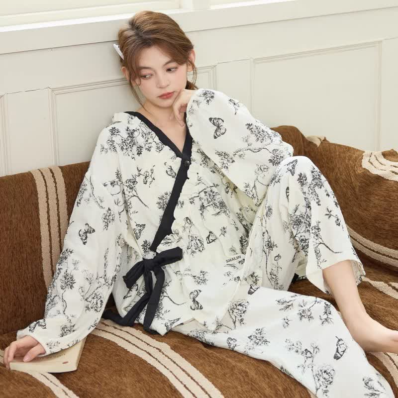 Ownkoti Oriental Ink Floral Butterfly Loungewear Set - image 2