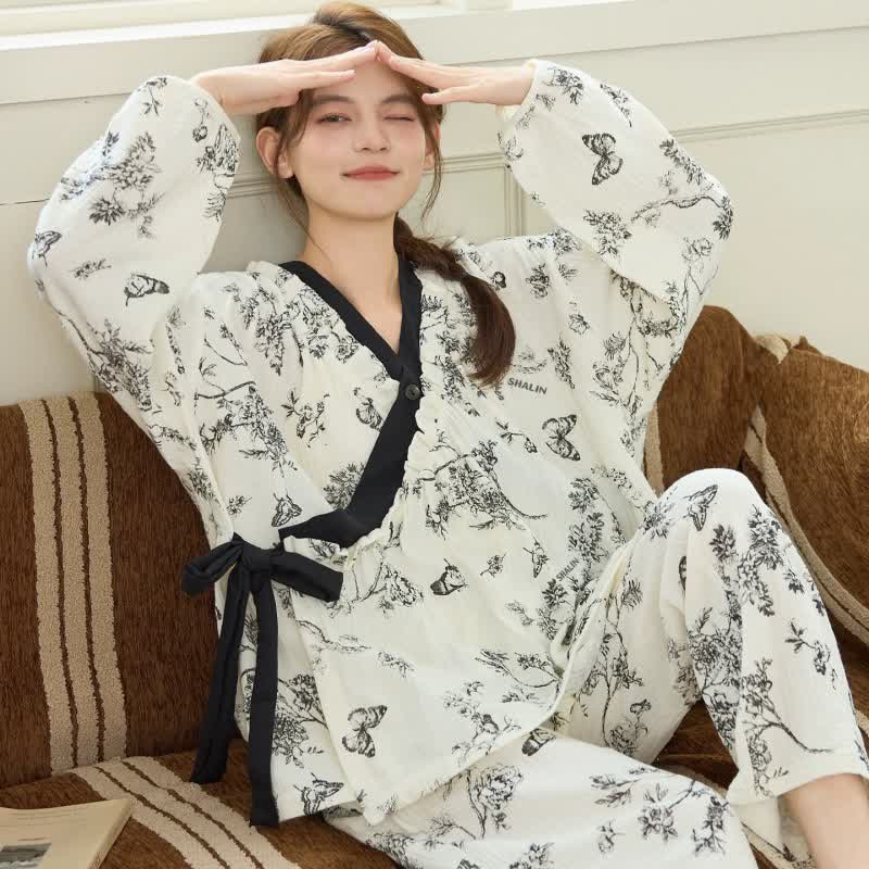 Ownkoti Oriental Ink Floral Butterfly Loungewear Set - Black - XXL - image 1