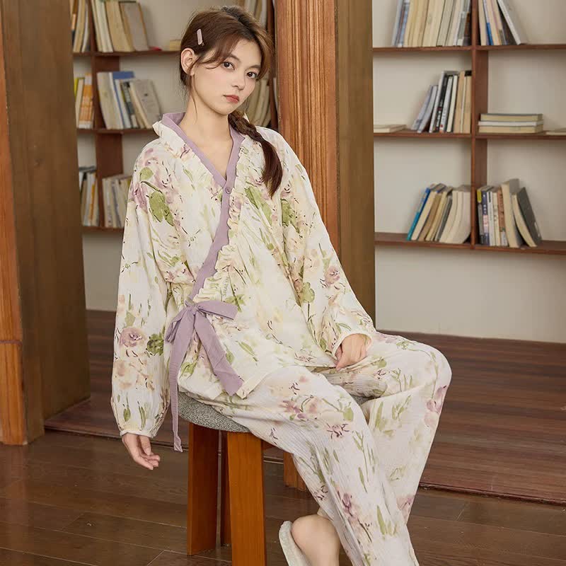 Ownkoti Ruffled Neck Elegant Floral Loungewear Set - Beige - XXL - image 0