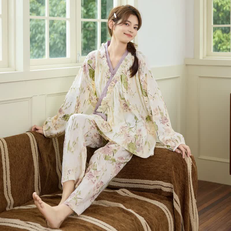Ownkoti Ruffled Neck Elegant Floral Loungewear Set - image 1