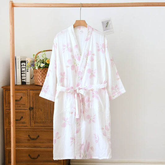 Ownkoti Cherry Blossom Cotton Gauze Kimono Bathrobe - White - XL - image 0