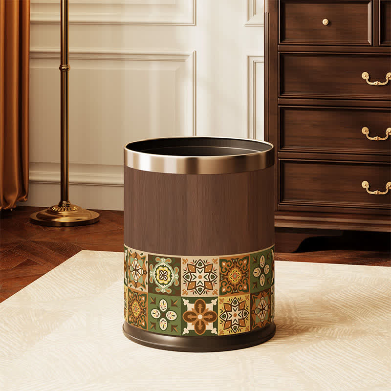 Ownkoti Vintage Mediterranean Double-Layer Trash Can - Dark Walnut - Silver Circle - 9"W x 9"L x 10"H - image 5