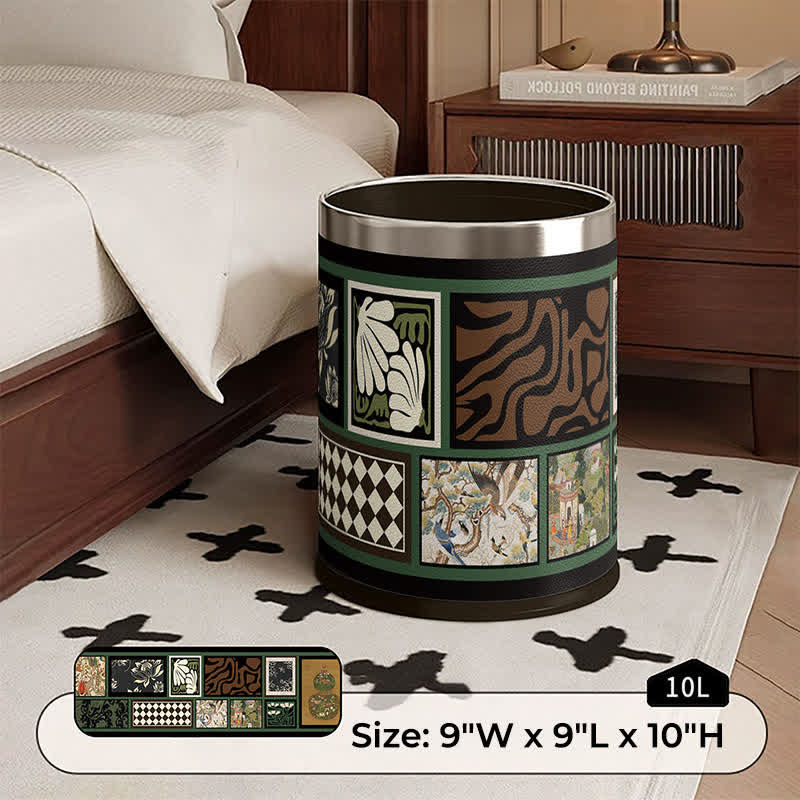 Ownkoti Vintage Oriental Leather Double-layer Trash Bin - B - Silver Circle - 9"W x 9"L x 10"H - image 6