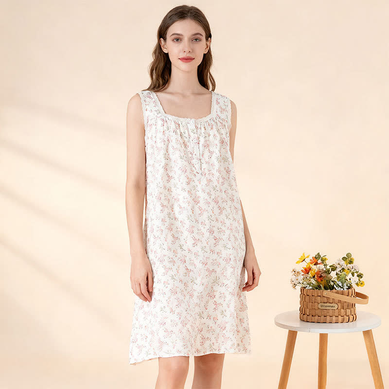 Ownkoti Pink Floral Pure Cotton Sleeveless Nightdress - White - XL - image 0
