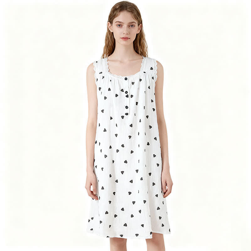 Ownkoti Heart Print Pure Cotton Sleeveless Nightdress - White - XL - image 0