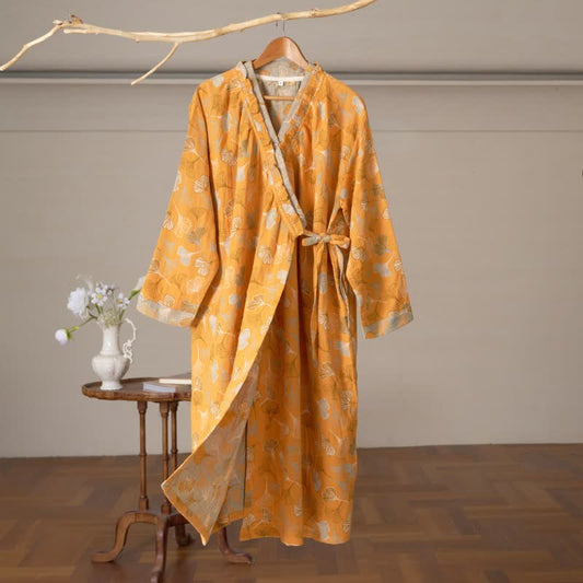 Ownkoti Ginkgo Leaf Ruffled Cotton Nightdress - Yellow - XL - image 0