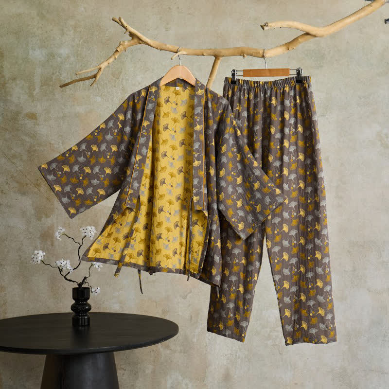 Ownkoti Ginkgo Organic Cotton Kimono Loungewear Set - Grey & Yellow - XL - image 6
