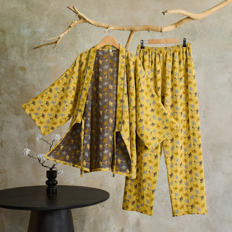 Ownkoti Ginkgo Organic Cotton Kimono Loungewear Set - Yellow & Grey - XL - image 7