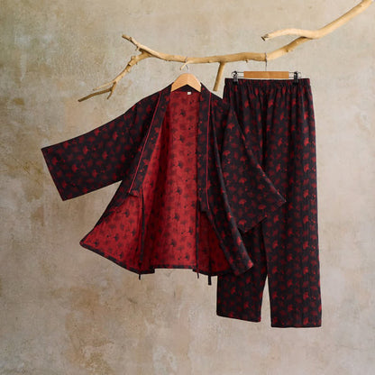 Ownkoti Ginkgo Organic Cotton Kimono Loungewear Set - Red & Black - XL - image 1