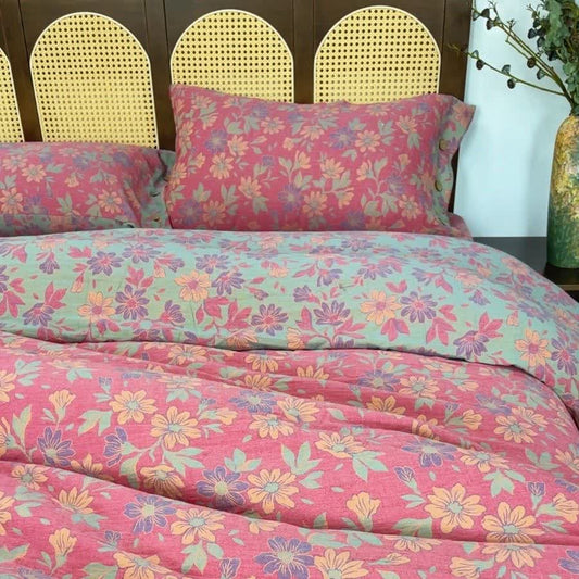Ownkoti Country Gardenia Floral Cotton Gauze Bedding Set(4PCS) - Pink - King - image 0