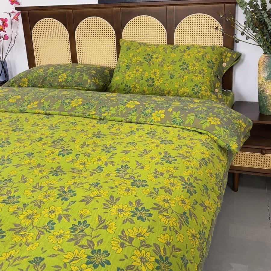 Ownkoti Country Gardenia Floral Cotton Gauze Bedding Set(4PCS) - Green - King - image 5