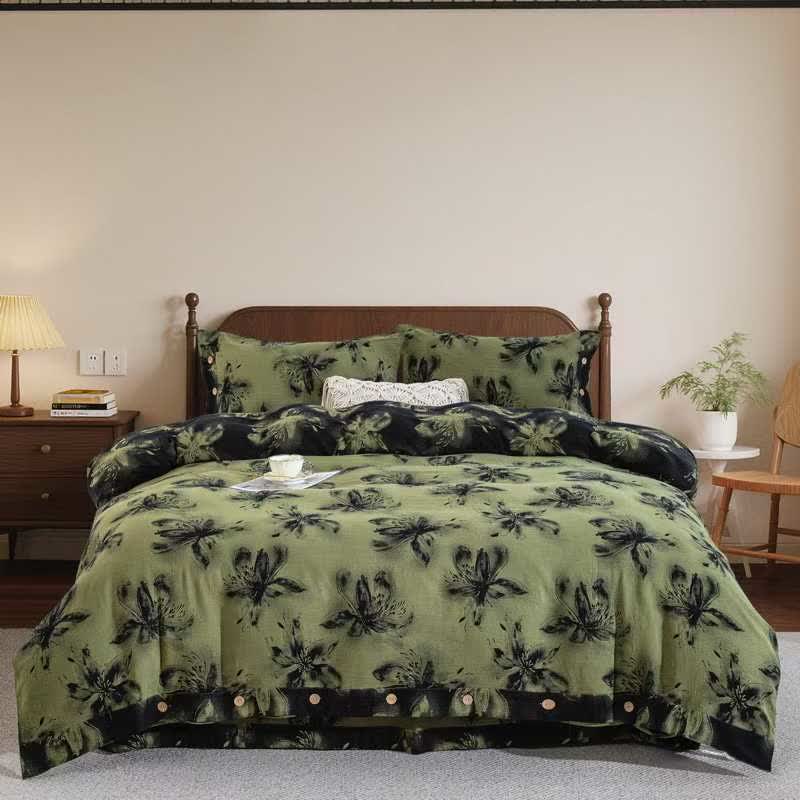 Ownkoti Oriental Ink Style Floral Cotton Bedding Set(4PCS) - Green - King - image 0