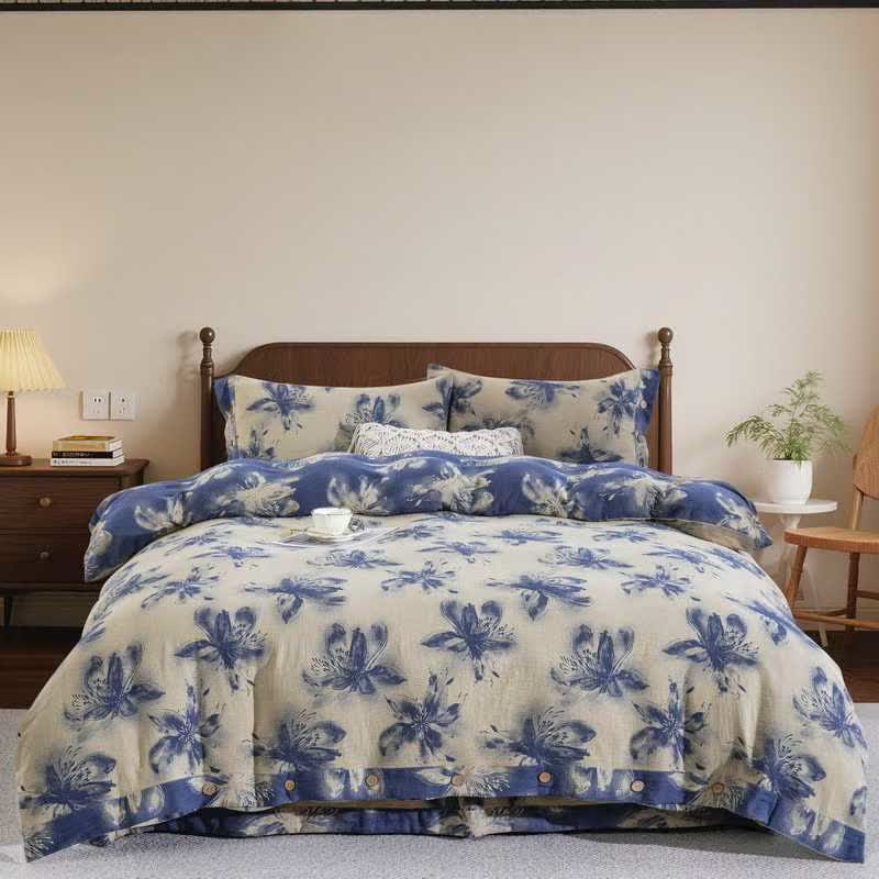 Ownkoti Oriental Ink Style Floral Cotton Bedding Set(4PCS) - Blue - King - image 7