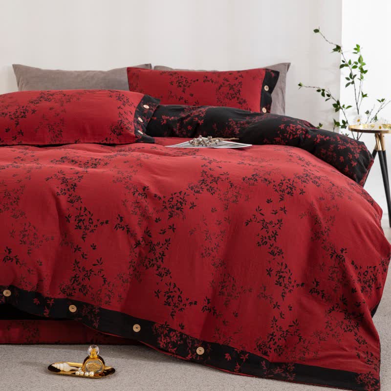 Ownkoti Country Leaf Cotton Gauze Bedding Set(4PCS) - Red & Black - King - image 14