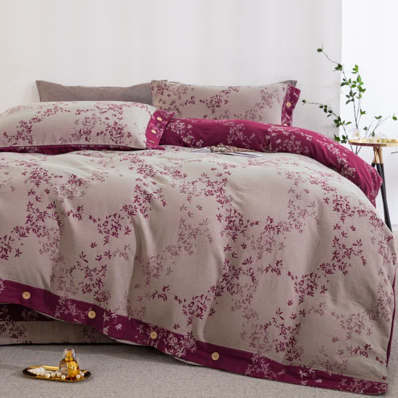 Ownkoti Country Leaf Cotton Gauze Bedding Set(4PCS) - Grey Pink & Purple - King - image 20