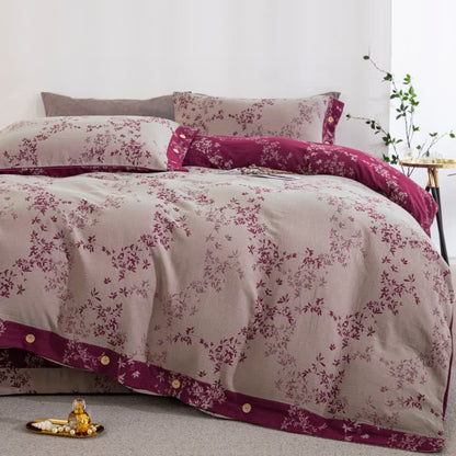 Ownkoti Country Leaf Cotton Gauze Bedding Set(4PCS) - Grey Pink & Purple - King - image 20